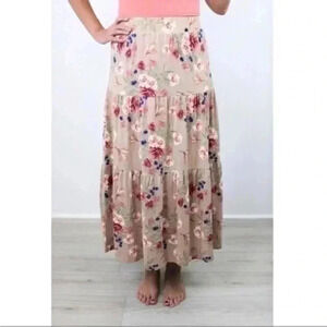 Ninexis Floral Tiered Tan Midi Skirt